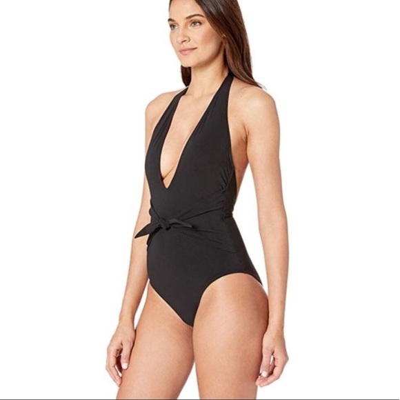 Tory Burch Solid Tie One-Piece Plunging Halter Swimsuit - Size Small - Picture 2 of 13